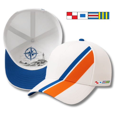 USCG Inspired Performance Hat – White with Orange & Blue Stripe